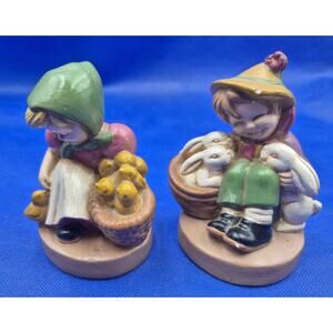 Vintage Easter Figurines Girl w/Chicks Boy w/Bunnies Handpainted Plaster 5" Tall